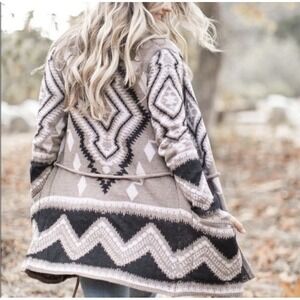 Lavender Tribe Open Front Cardigan Sweater XLarge Brown Aztec Boho Long Sleeve